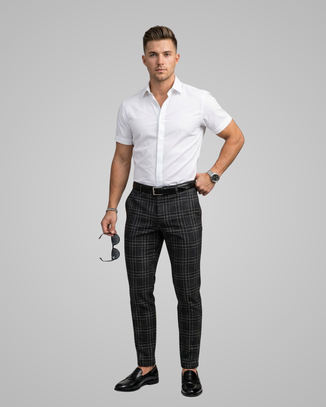 Man wearing a white shirt and black plaid pants on a gray background