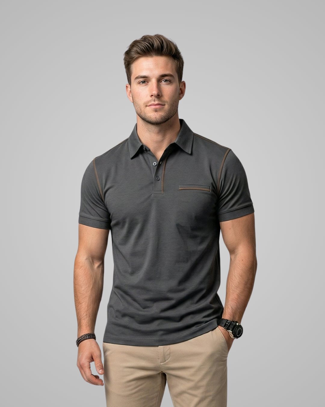 Man wearing a gray polo shirt and beige pants against a gray background