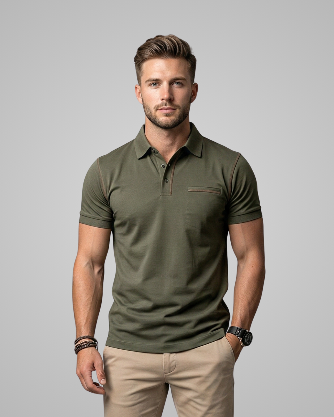 Man wearing a green polo shirt and beige pants against a gray background