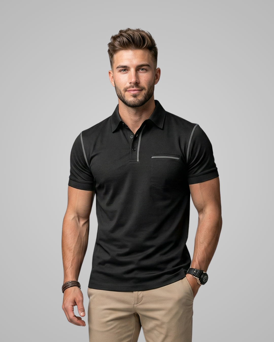 Man wearing a black polo shirt with gray accents on a gray background