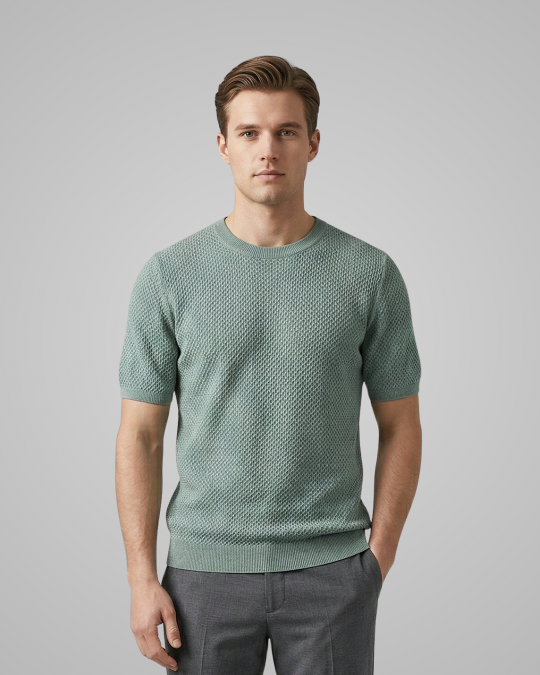 Man wearing a green textured sweater and gray pants on a gray background