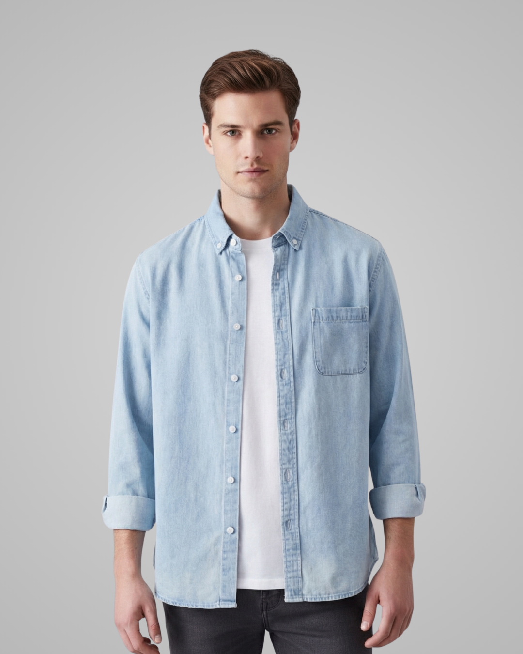 Man wearing a light blue denim shirt over a white t-shirt on a gray background