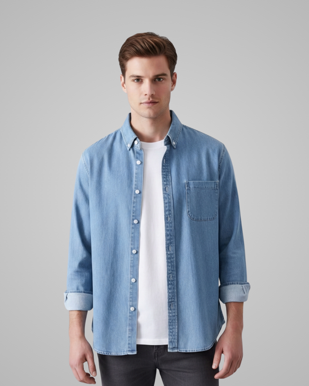 Man wearing a light blue denim shirt over a white t-shirt on a gray background