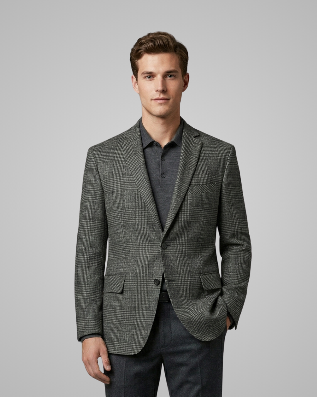 Man wearing a gray checkered blazer over a gray shirt on a light gray background