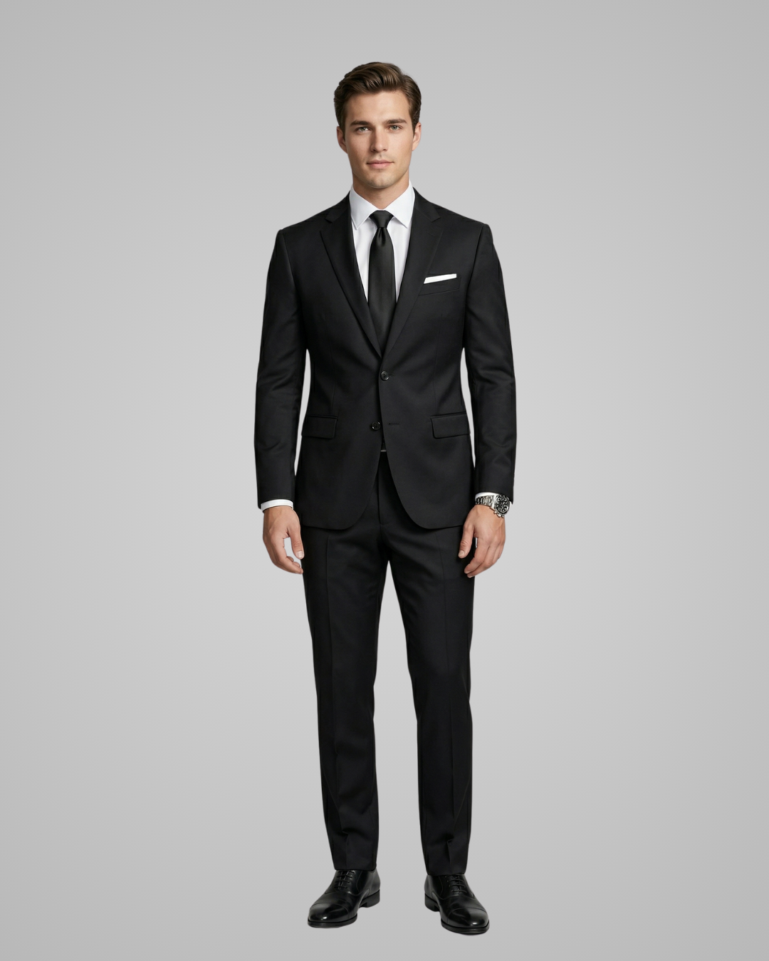 Man wearing a black suit on a gray background