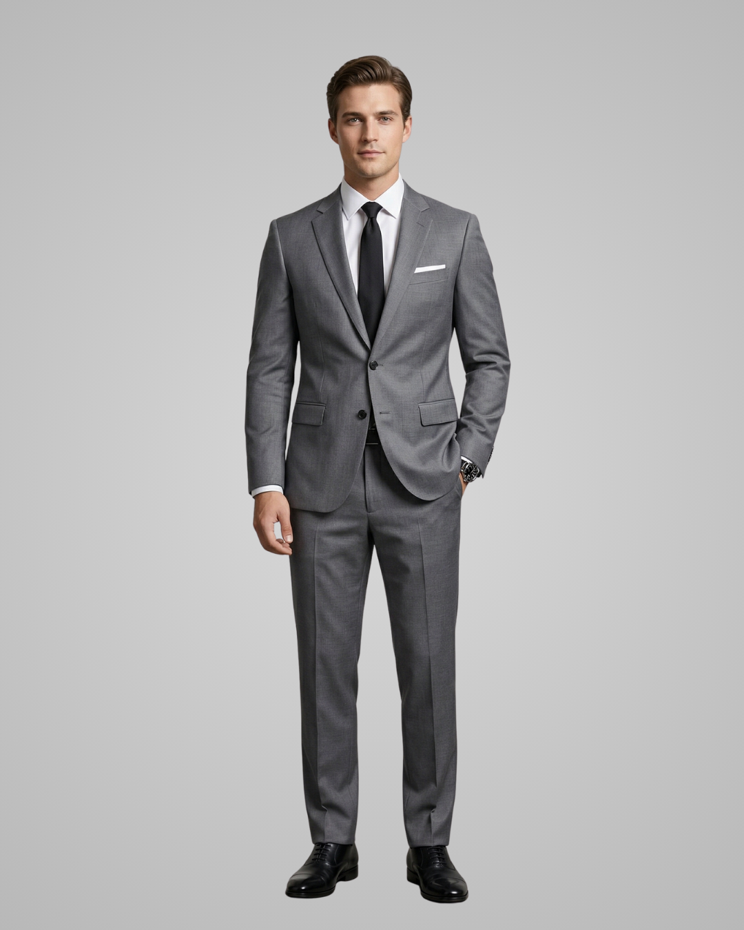 Man wearing a gray suit with a white shirt and black tie on a gray background