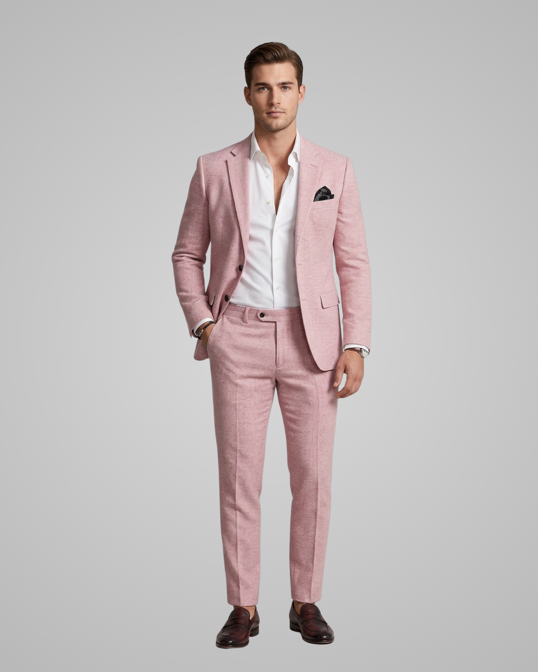 Man wearing a pink suit with a white shirt on a gray background