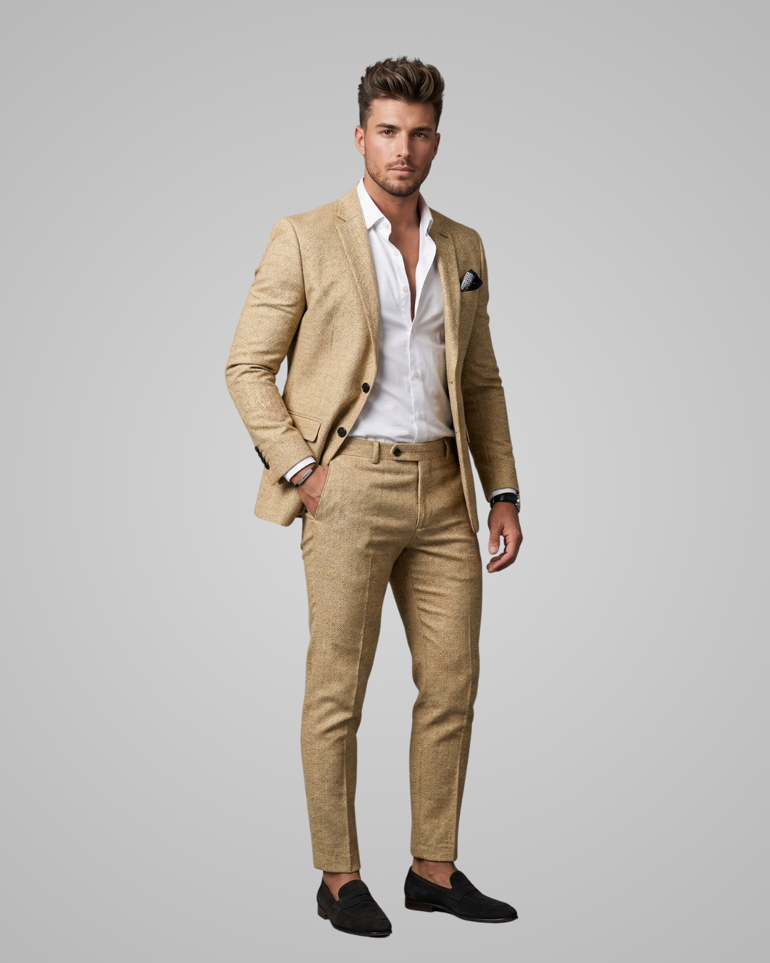 Man wearing a beige suit with a white shirt on a gray background