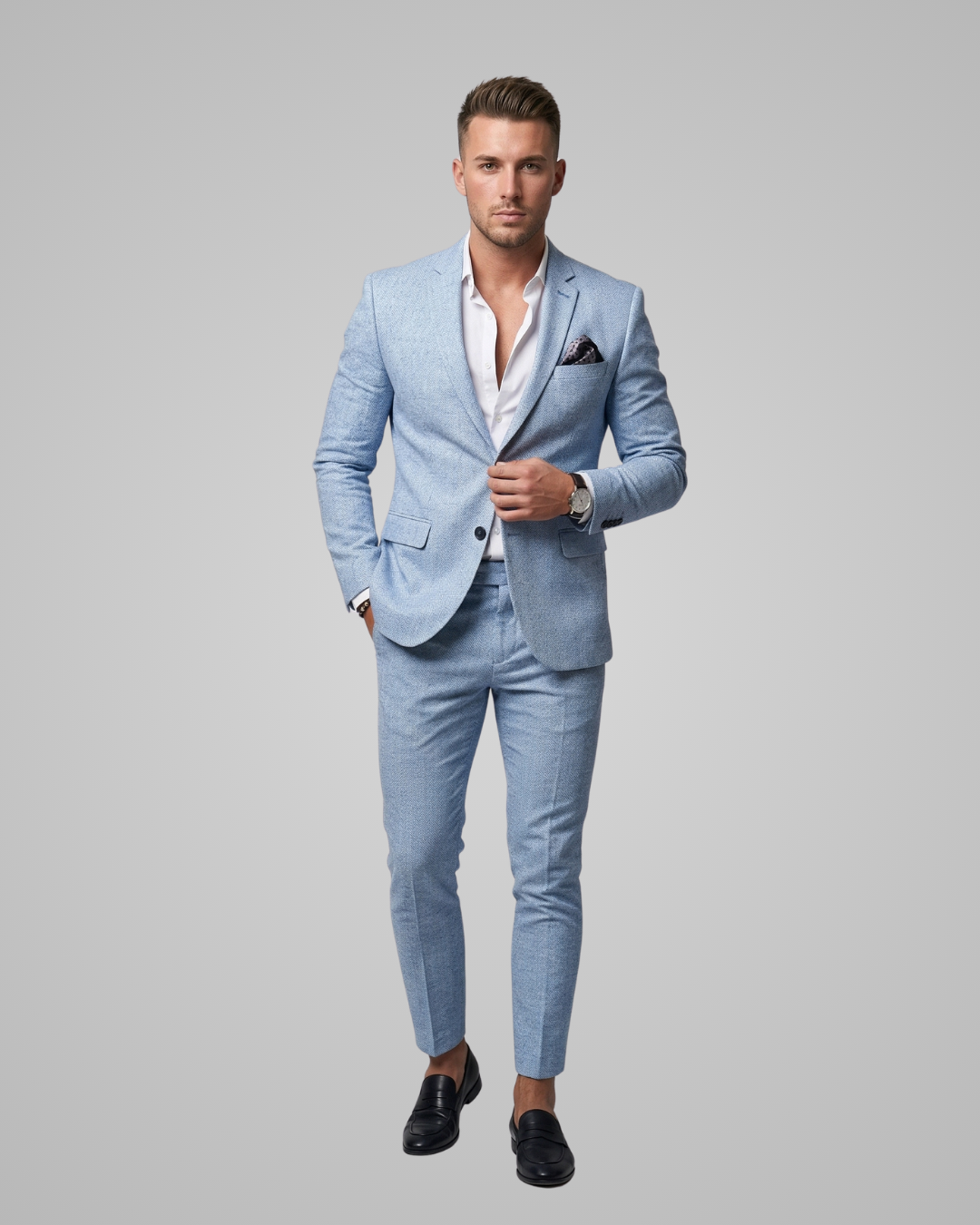 Man wearing a light blue suit with a white shirt on a gray background