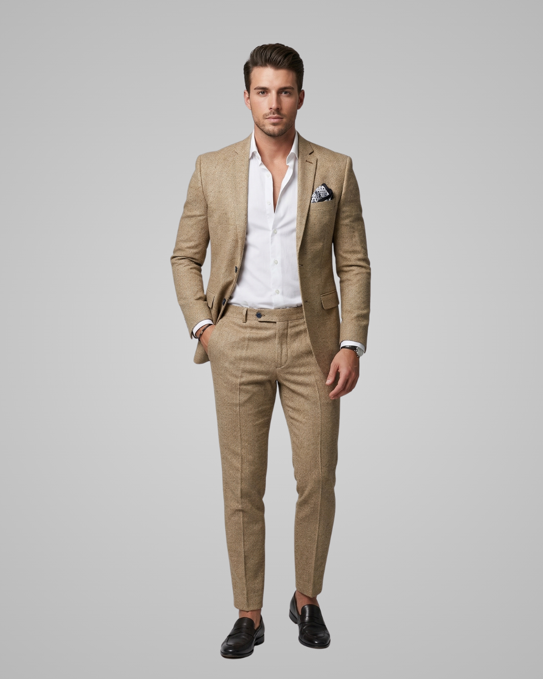 Man wearing a beige suit with a white shirt on a gray background
