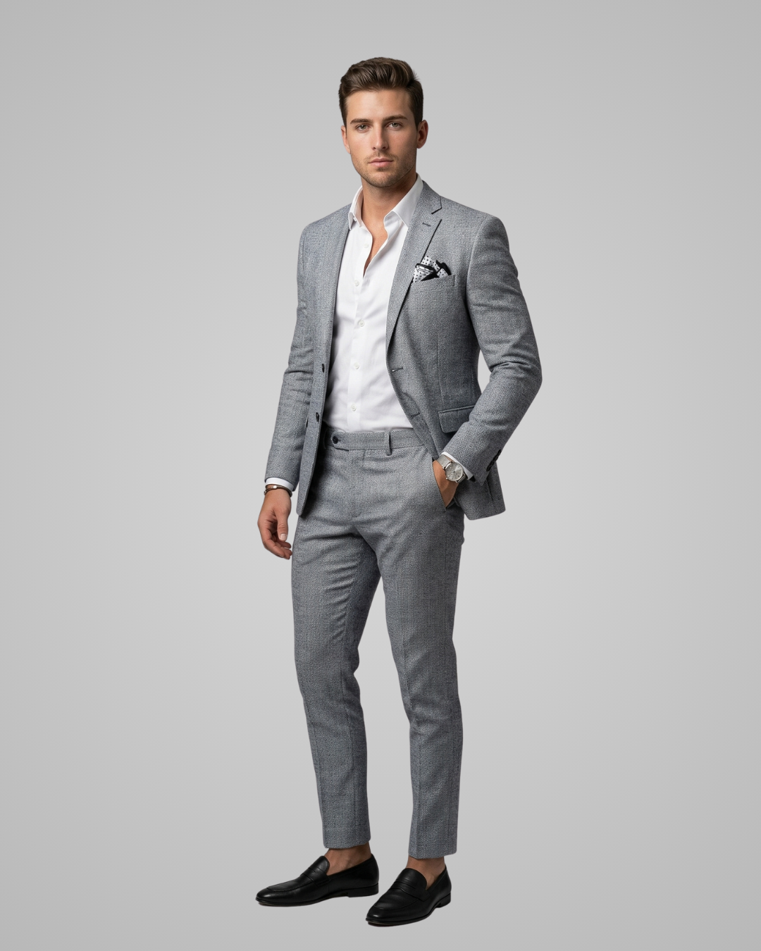 Man wearing a gray suit with a white shirt on a light gray background