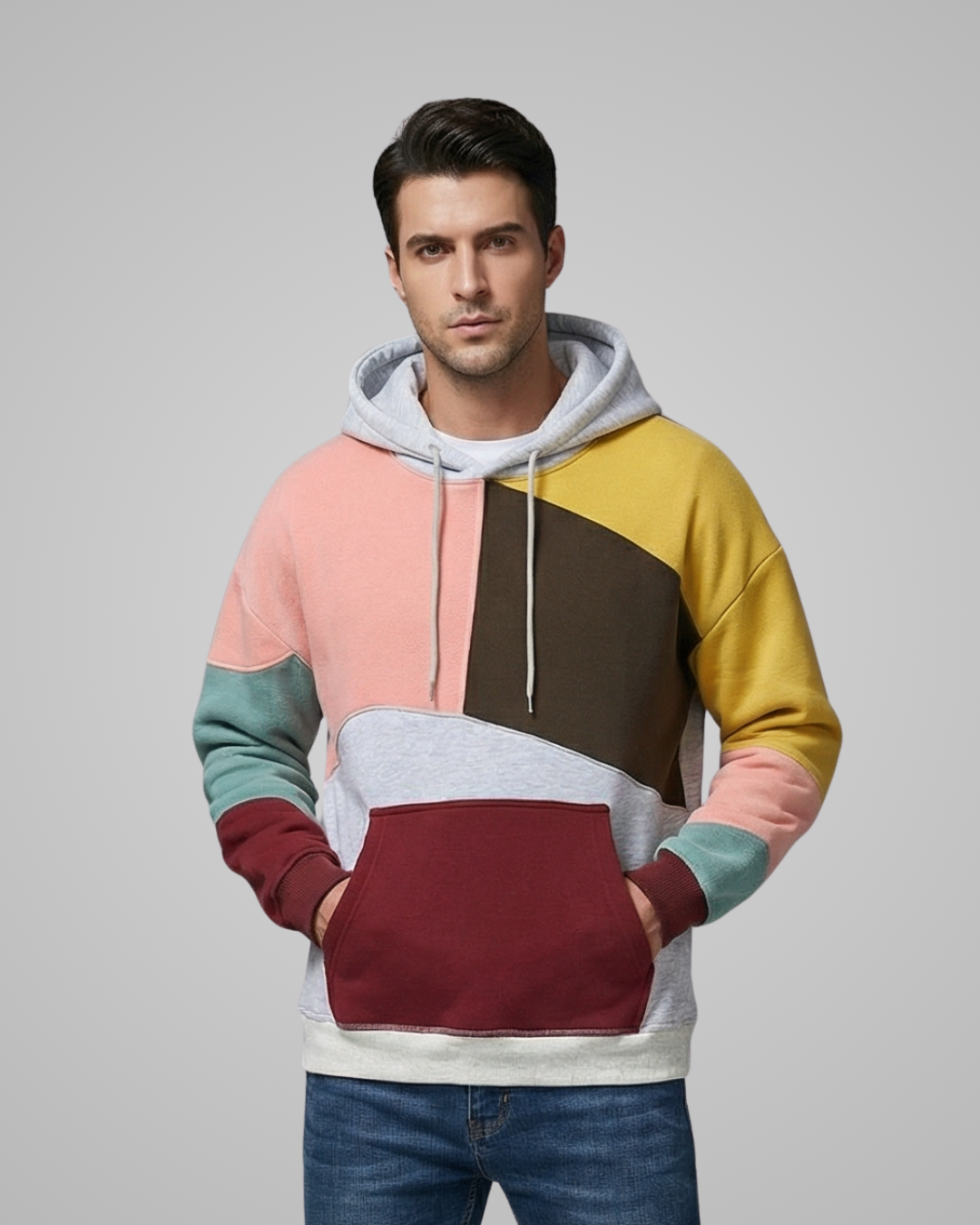 Man wearing a multicolored hoodie with a plain background