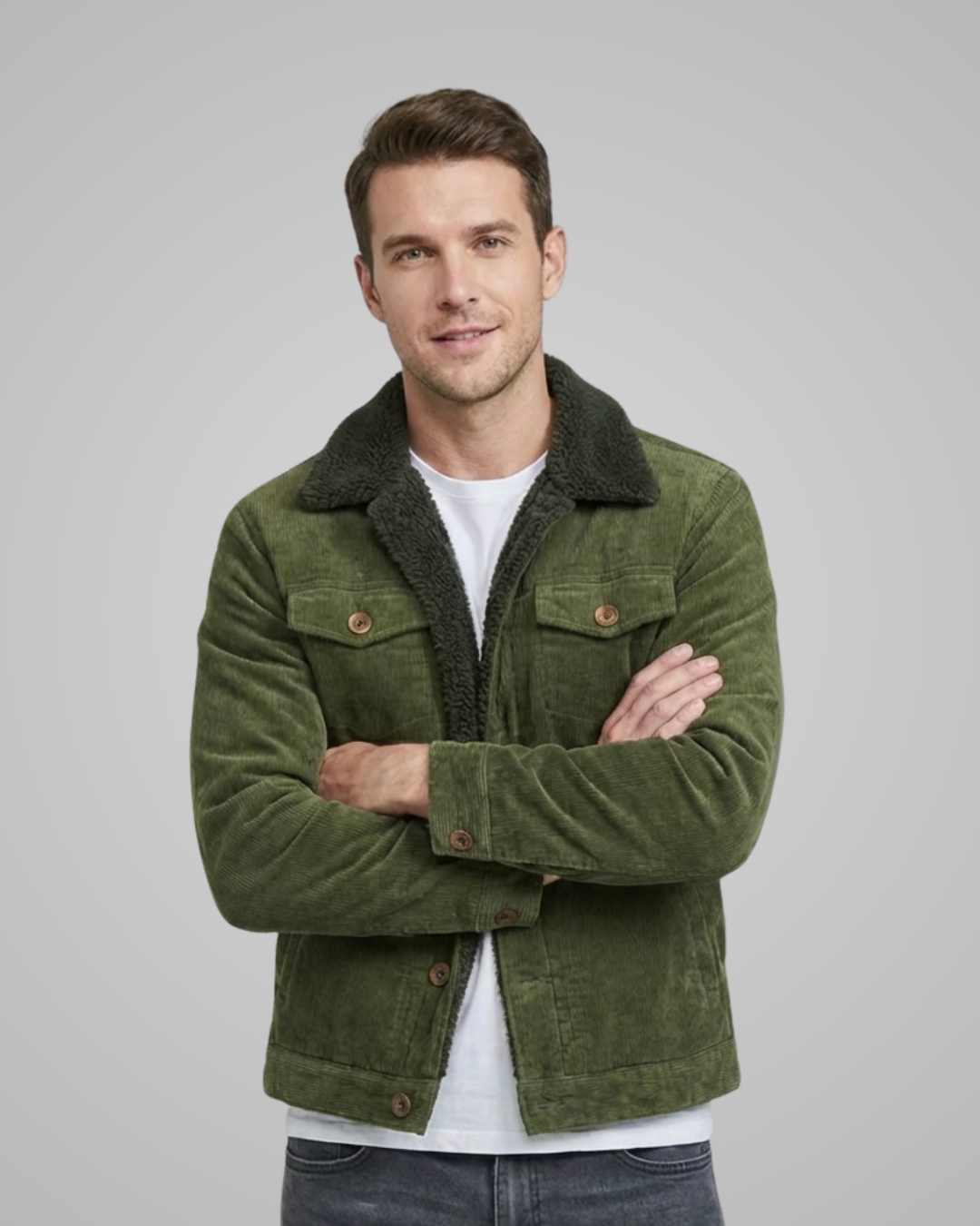 Man wearing a green jacket with a gray background