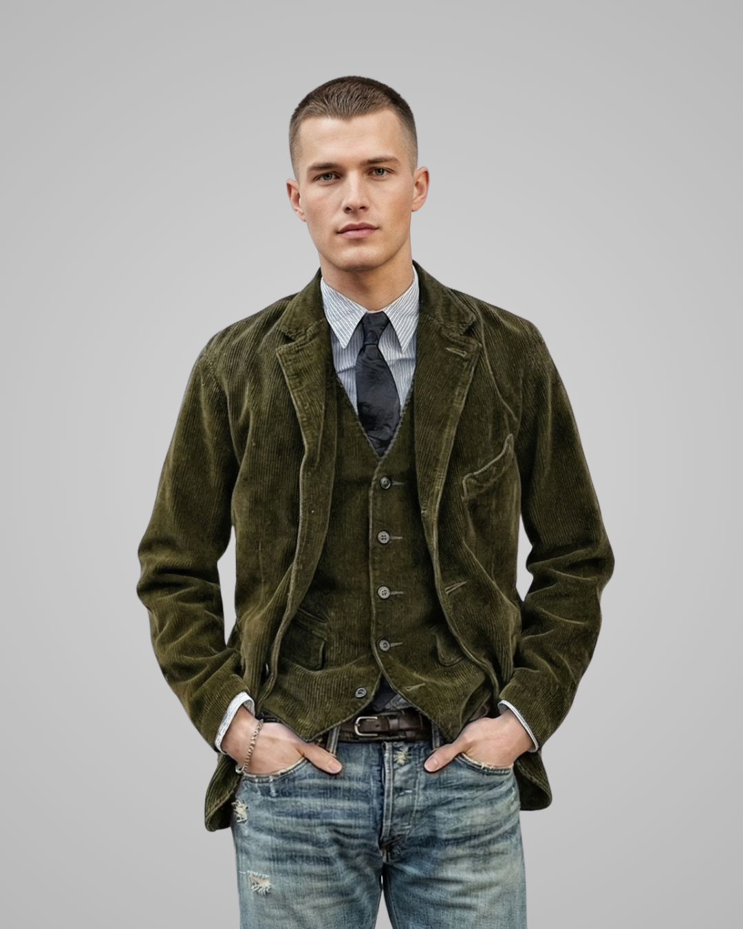 Men's Corduroy Tailored Blazer in Army Green