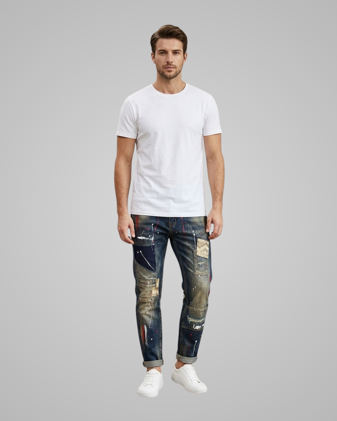 Men's Distressed Patchwork Jeans