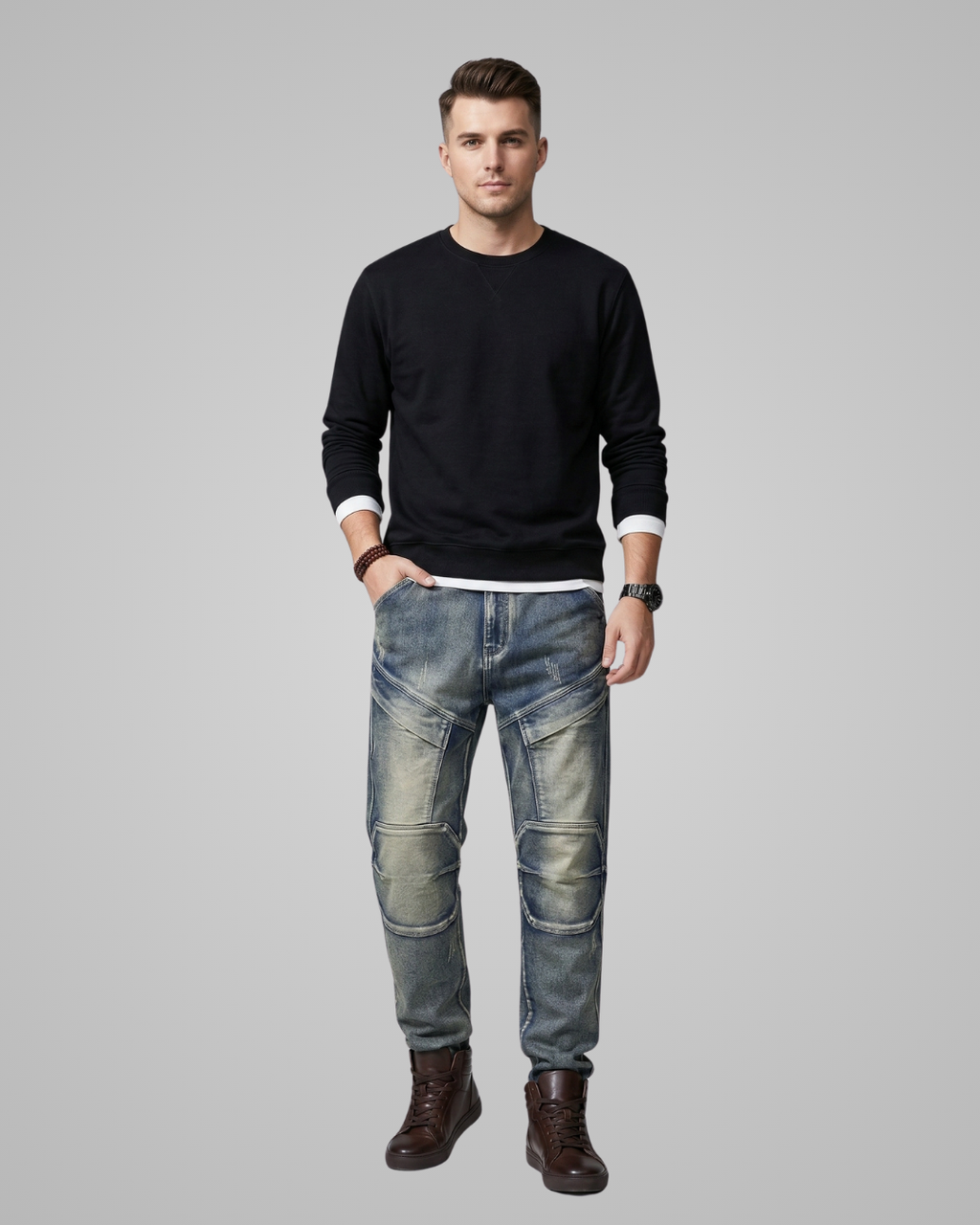 Man wearing a black sweater, light blue jeans, and brown boots on a gray background