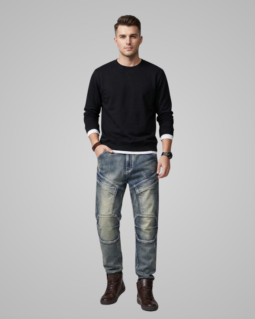Man wearing a black sweater, light blue jeans, and brown boots on a gray background