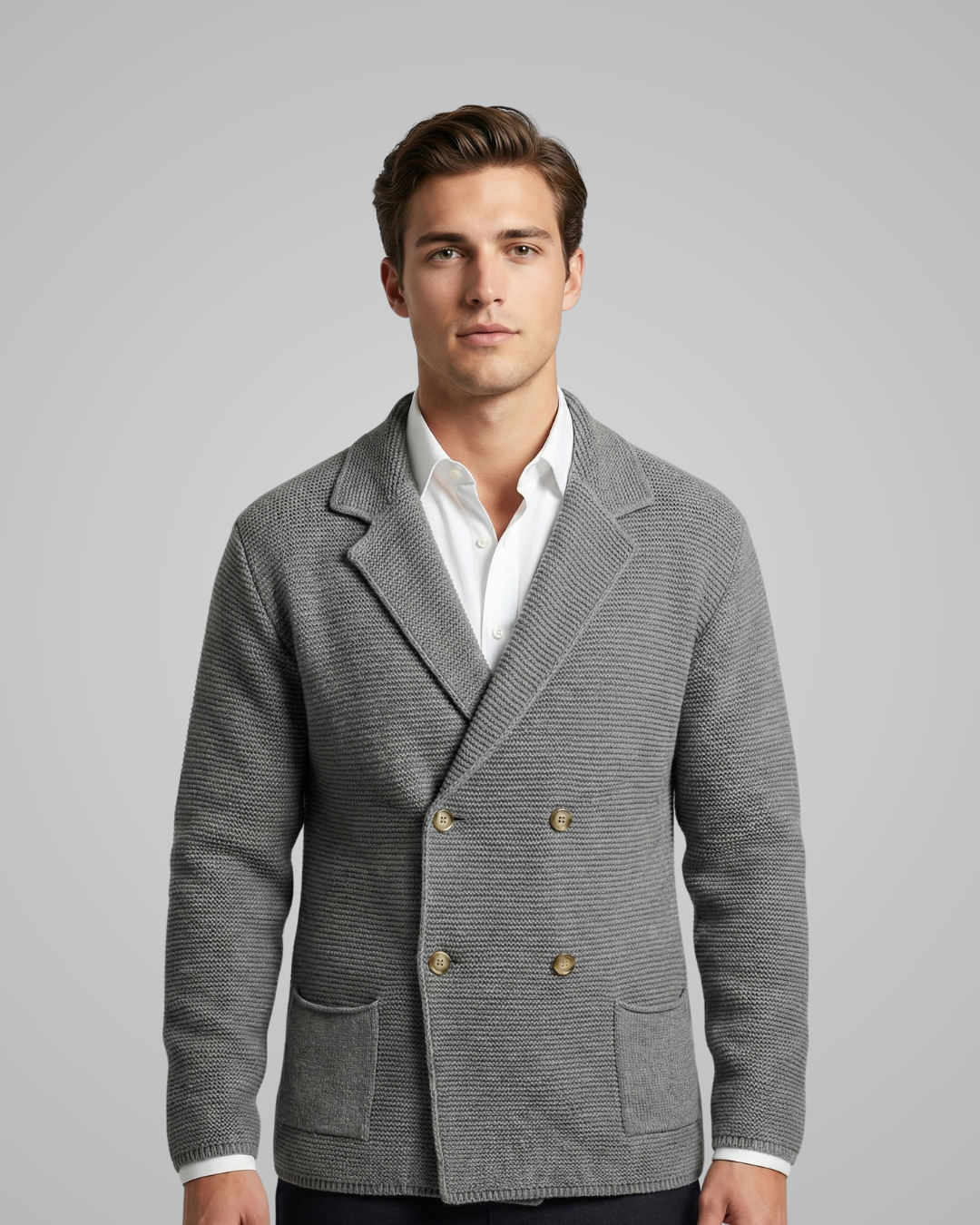 Man wearing a gray blazer over a white shirt on a gray background