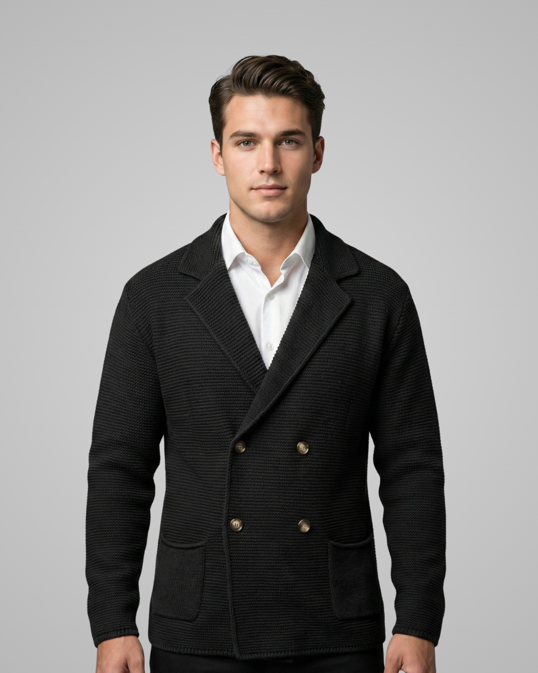 Man wearing a black textured blazer over a white shirt on a gray background