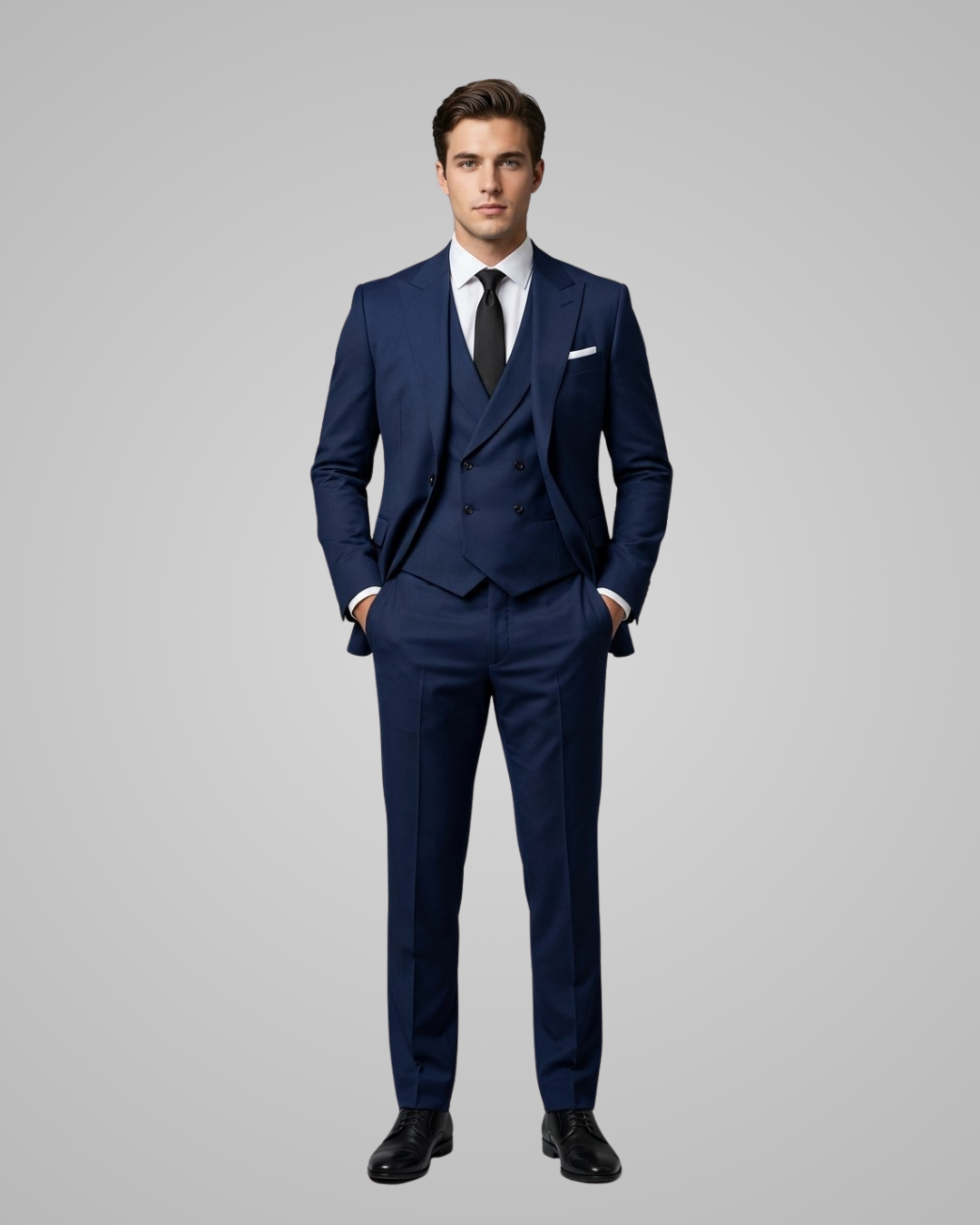 Man wearing a navy blue suit with a white shirt and black tie on a gray background