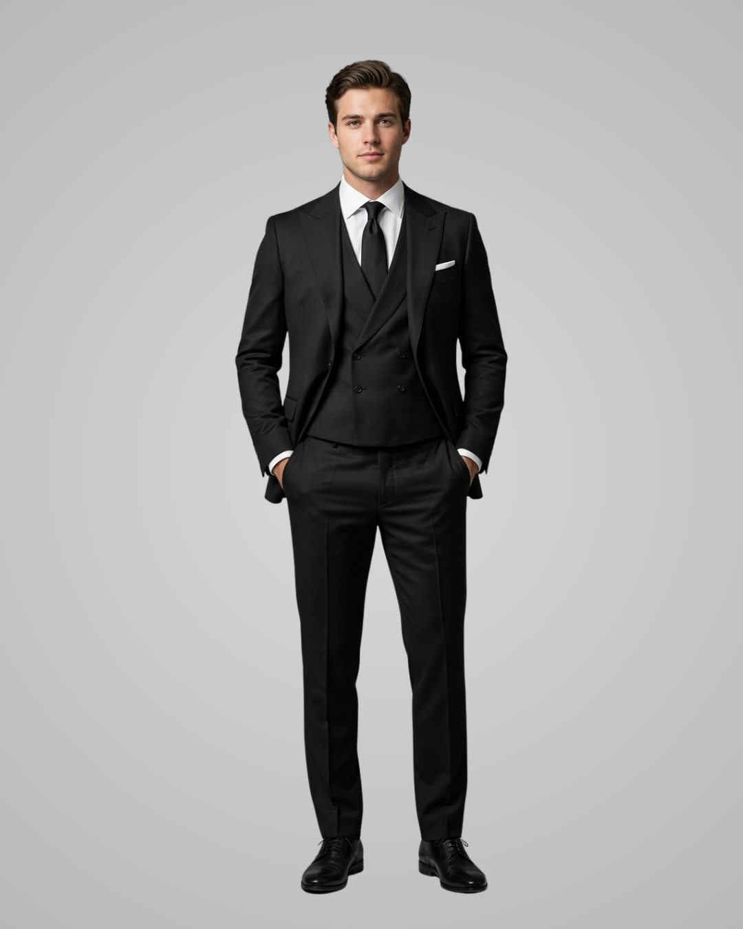 Man wearing a black suit with a white shirt and black tie on a gray background