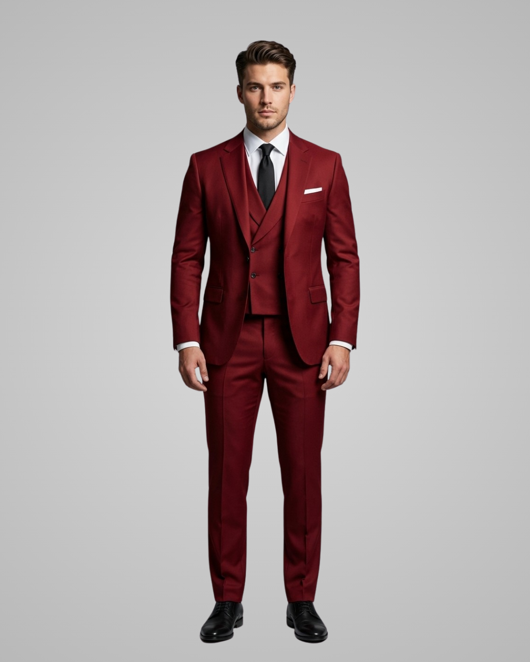 Man wearing a burgundy suit with a gray background