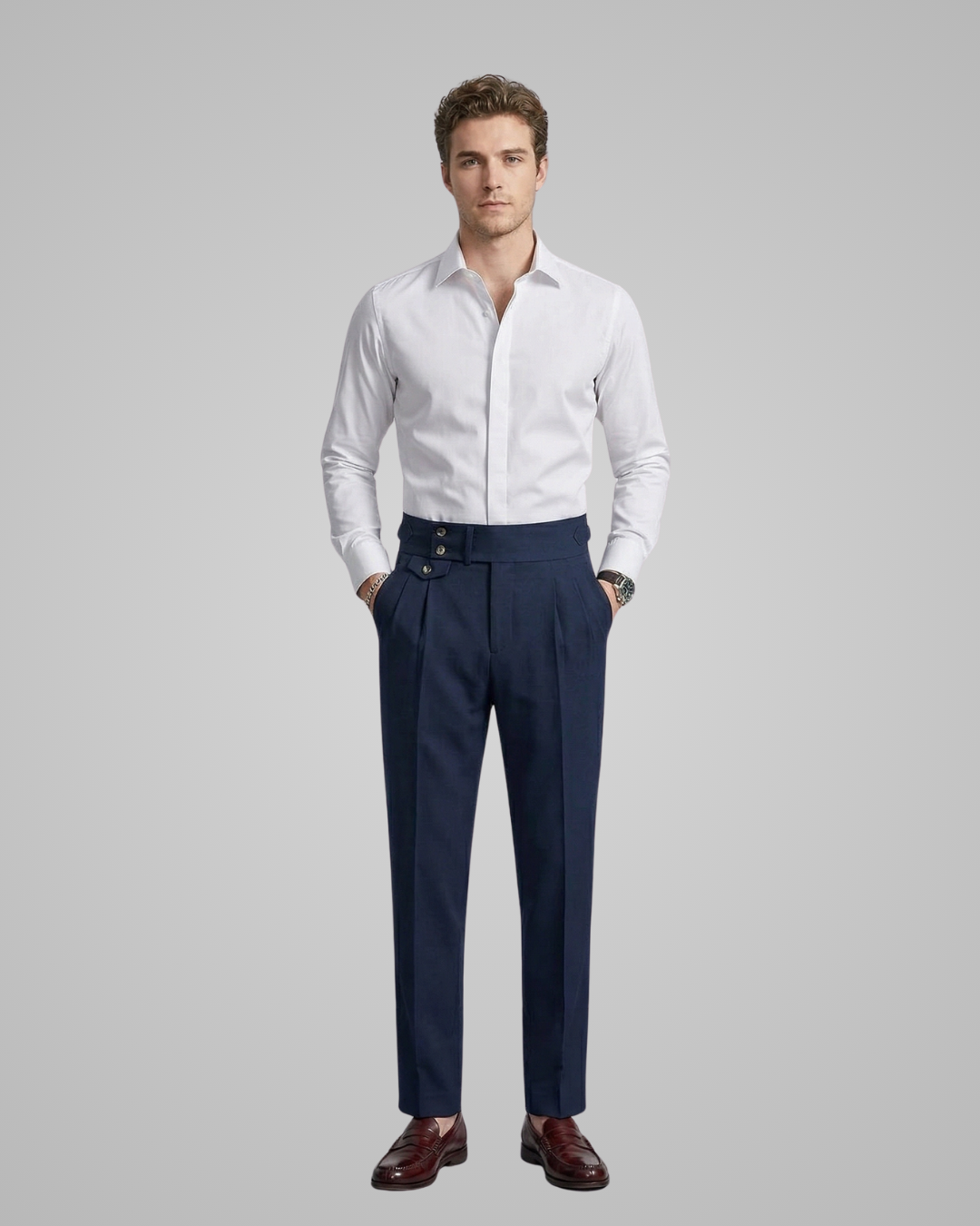 Men's Double Button Pleated Dress Trousers in Navy Blue