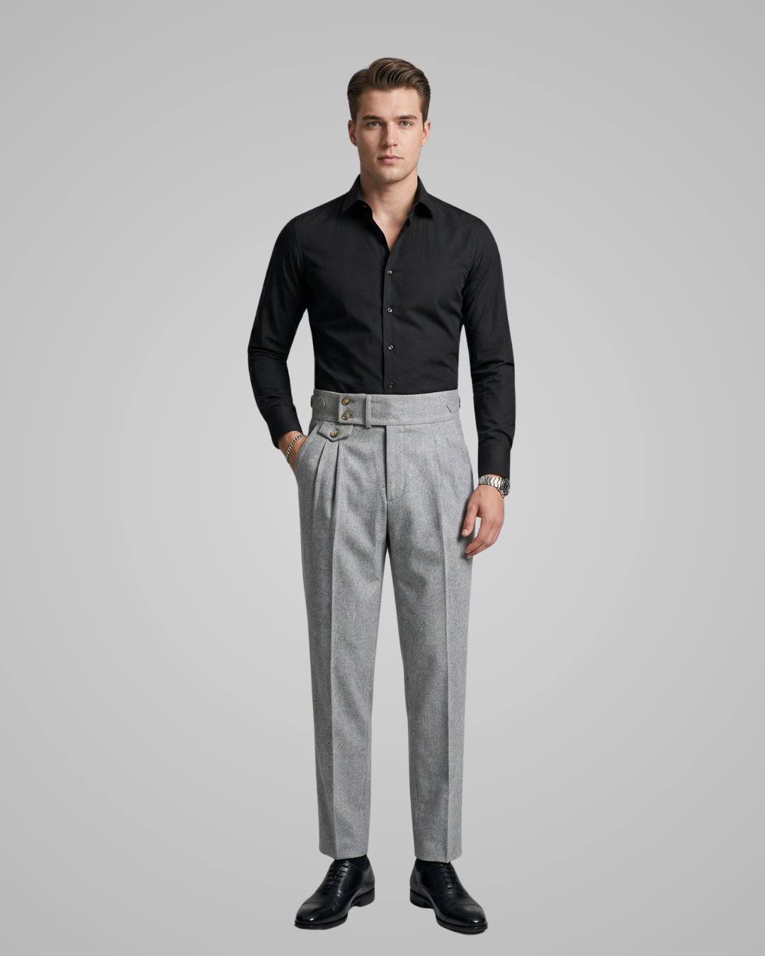 Men's Double Button Pleated Dress Trousers in Grey