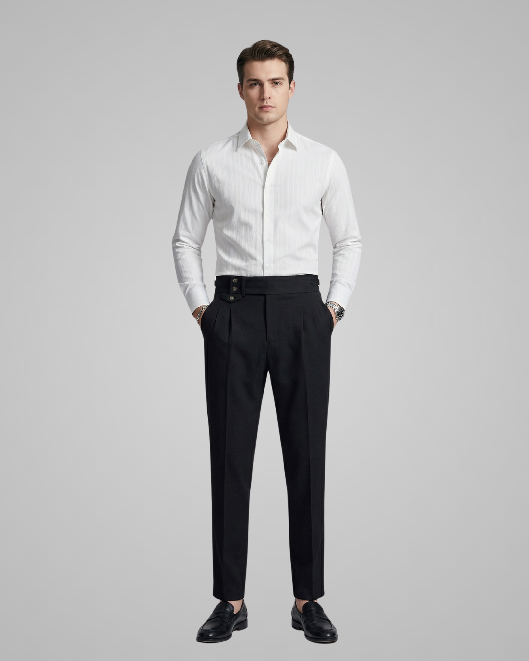 Men's Double Button Pleated Dress Trousers in Black
