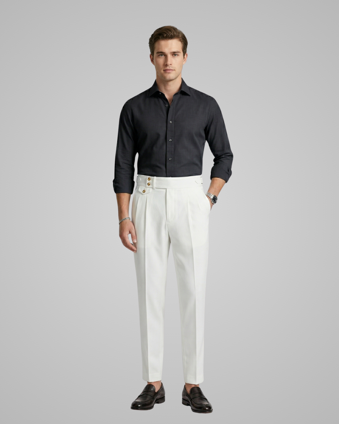 Men's Double Button Pleated Dress Trousers in White