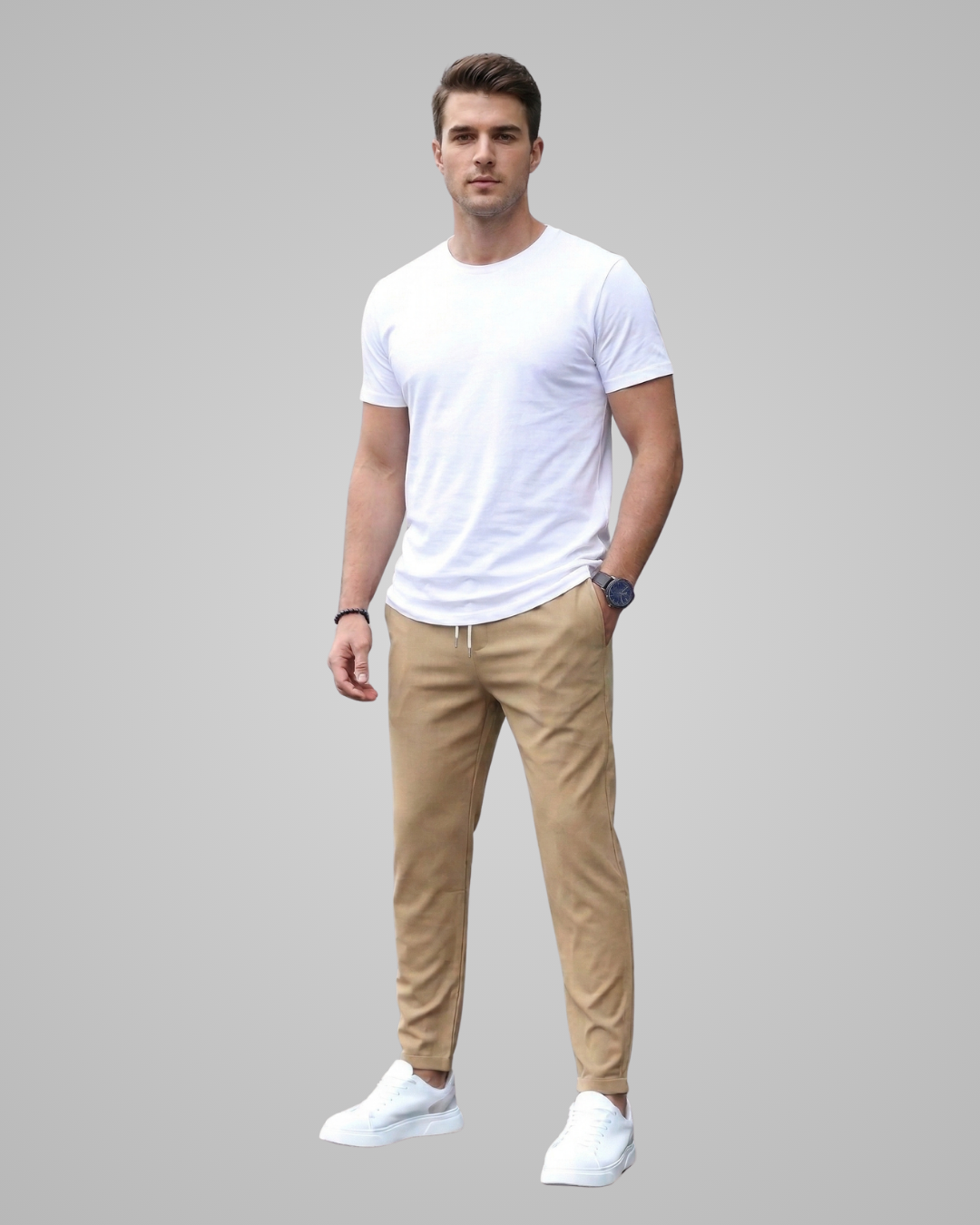 Man wearing a white t-shirt and beige pants on a gray background