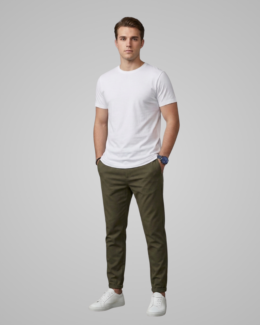 Man wearing a white t-shirt and green pants on a gray background