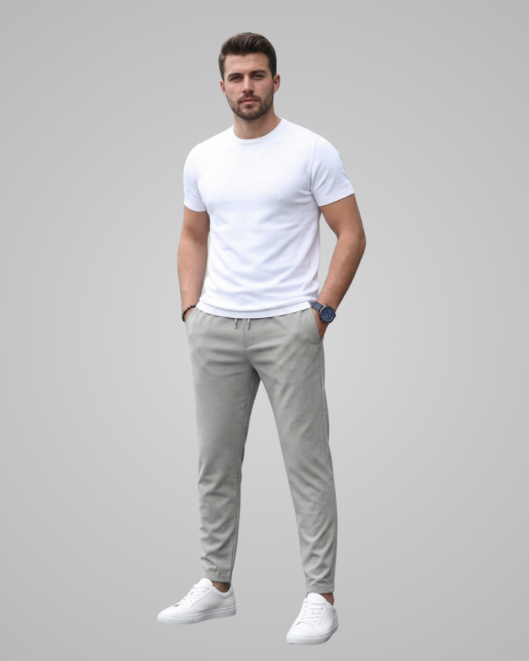 Man wearing a white t-shirt, gray pants, and white sneakers on a gray background