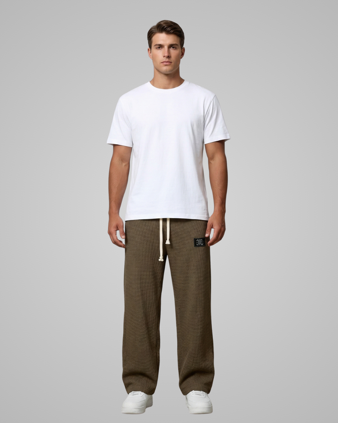 Man wearing a white t-shirt and brown pants on a gray background