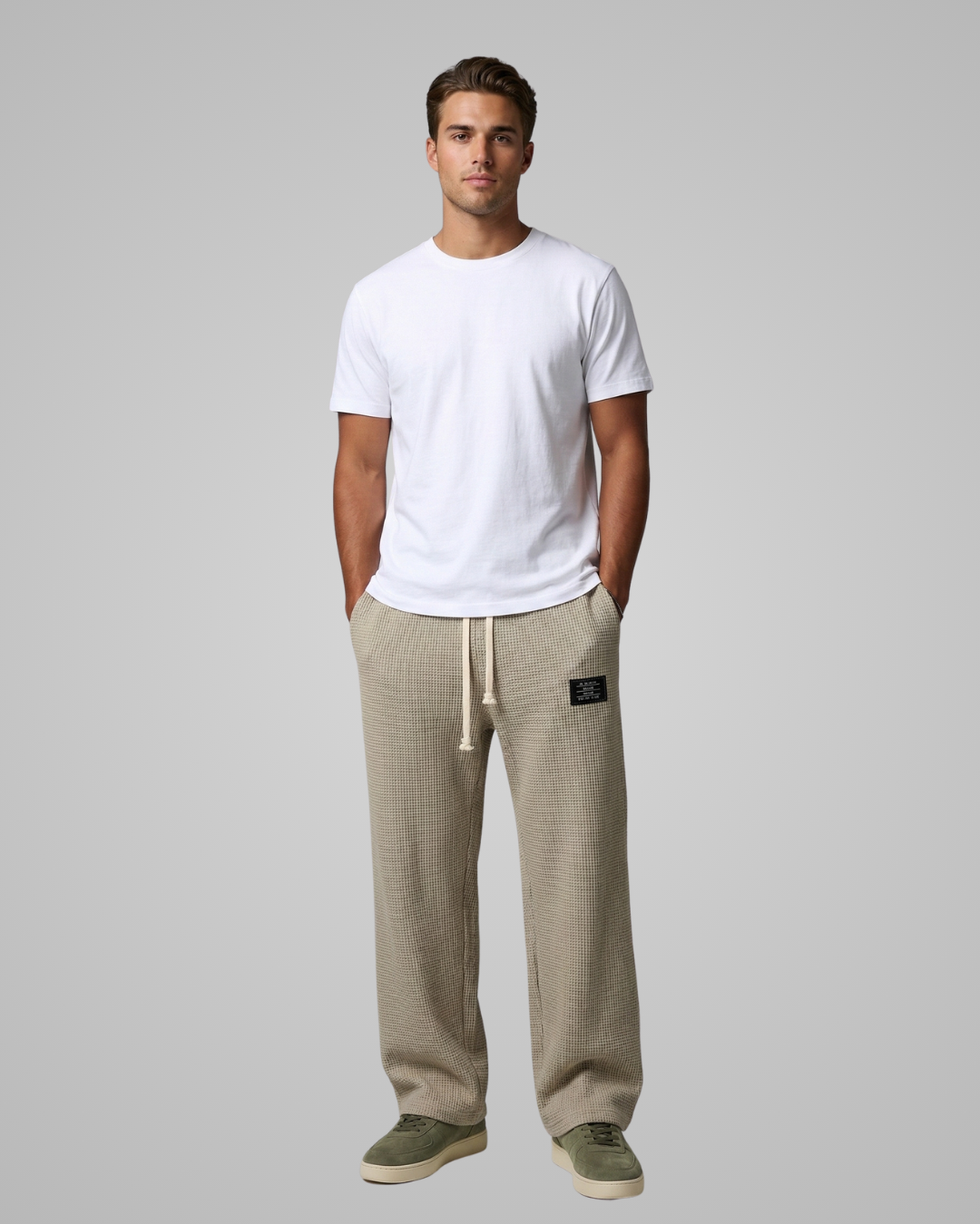Man wearing a white t-shirt and beige pants on a gray background