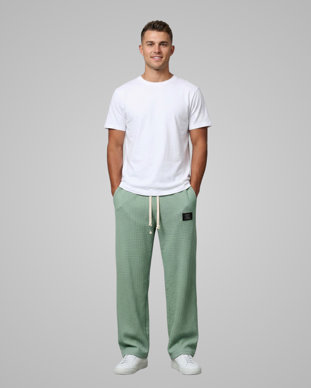Man wearing a white t-shirt and green checkered pants on a gray background
