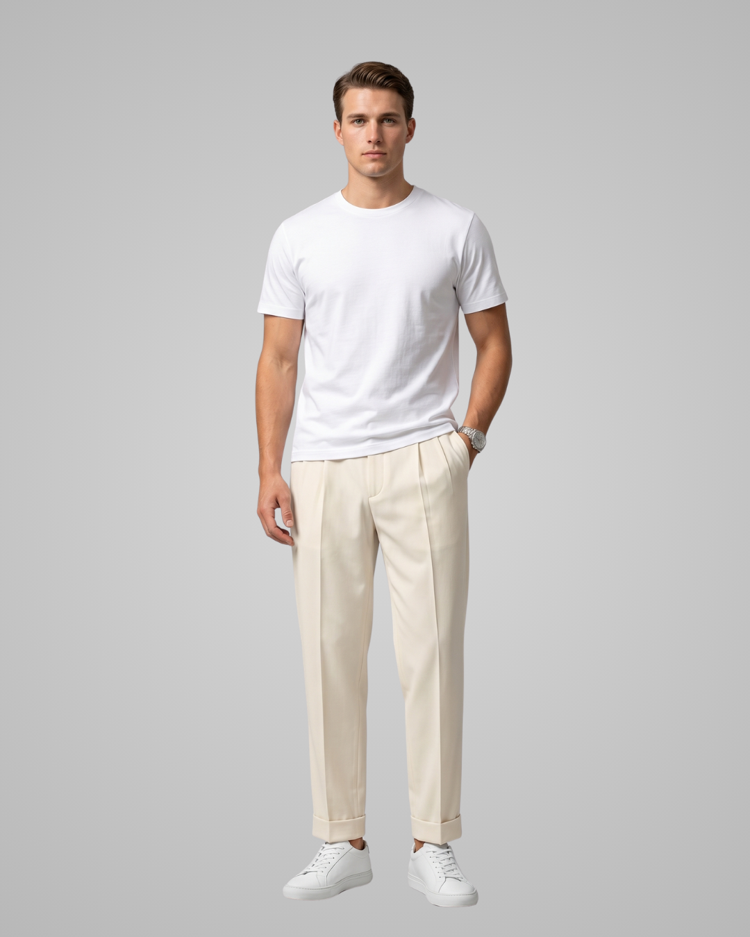 Man wearing a white t-shirt and beige pants on a gray background