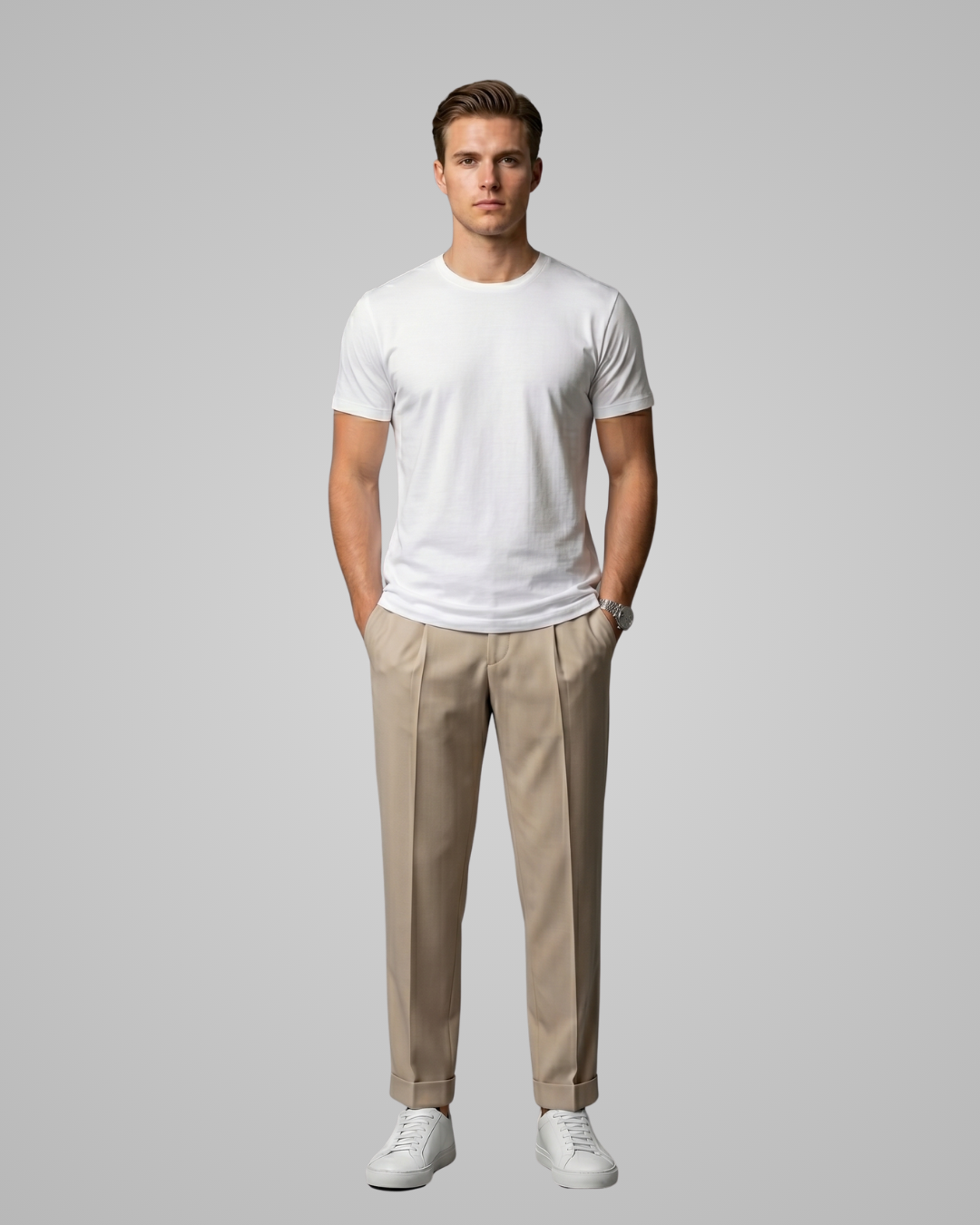 Man wearing a white t-shirt and beige pants on a gray background