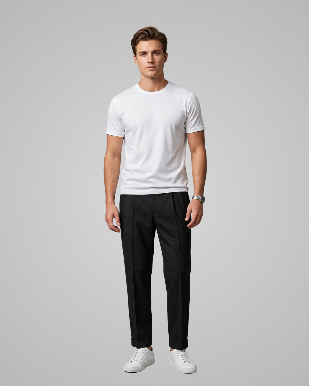Man wearing a white t-shirt and black pants on a gray background
