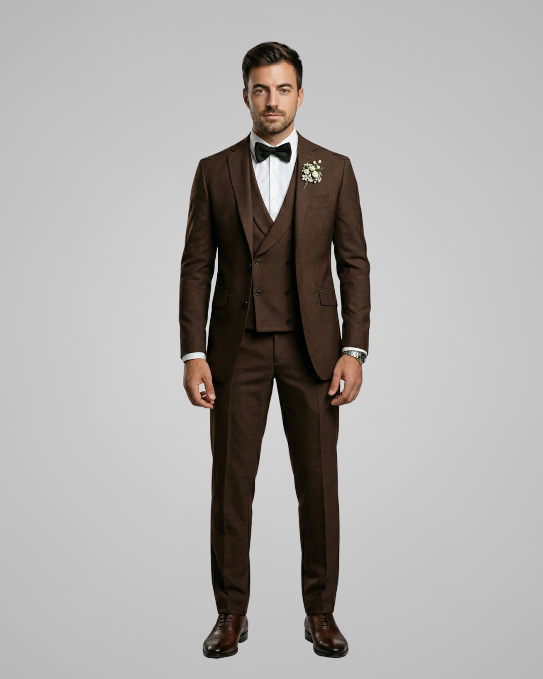Man wearing a brown suit with a white shirt and black bow tie on a gray background