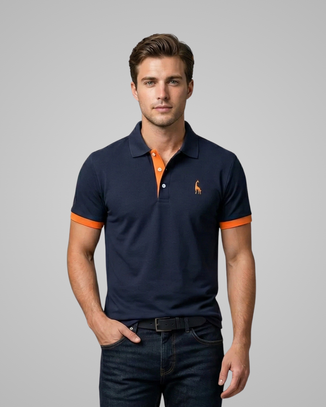 Man wearing a navy polo shirt with orange accents on a gray background