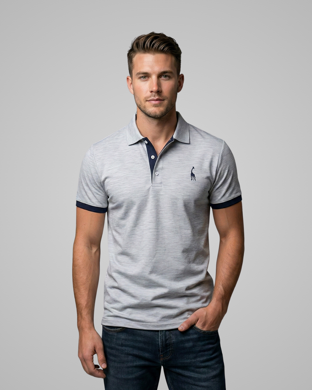 Man wearing a gray polo shirt with a logo on a gray background