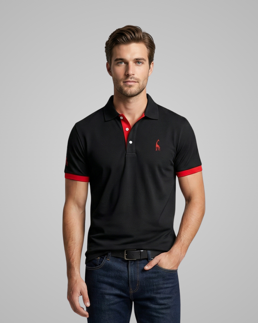Man wearing a black polo shirt with red accents and a logo on a gray background