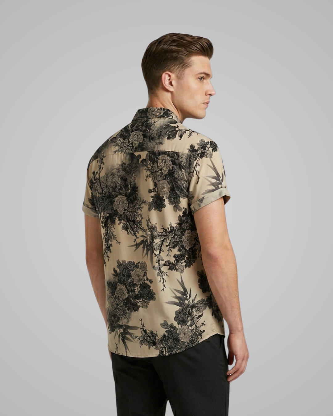 Men's Floral Short Sleeve Shirt in Khaki