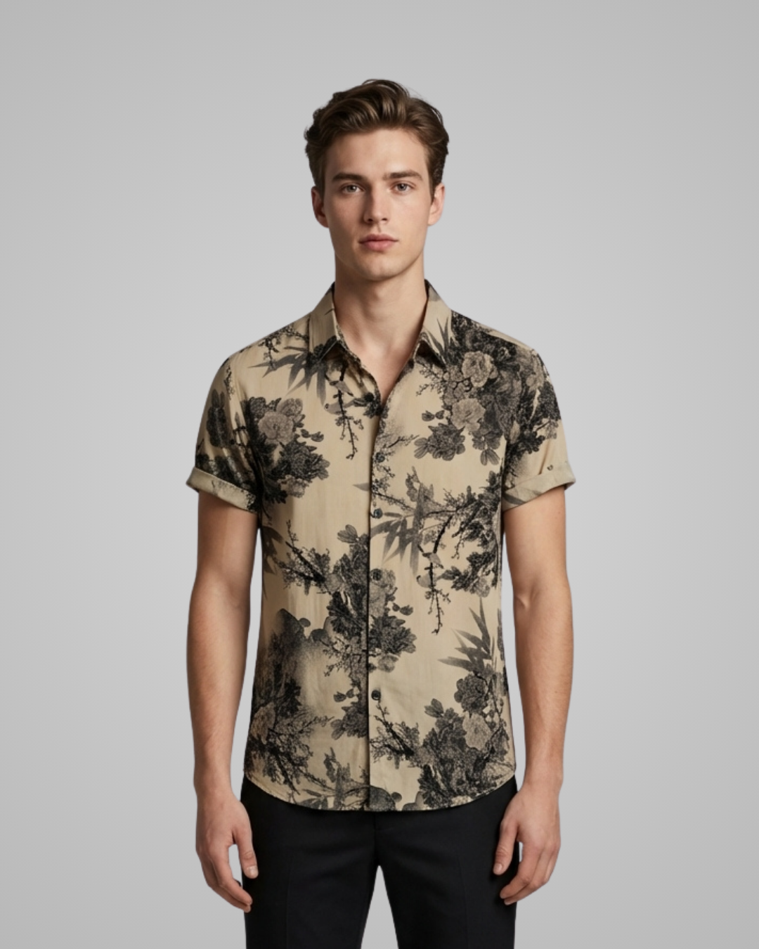 Men's Floral Short Sleeve Shirt in Khaki