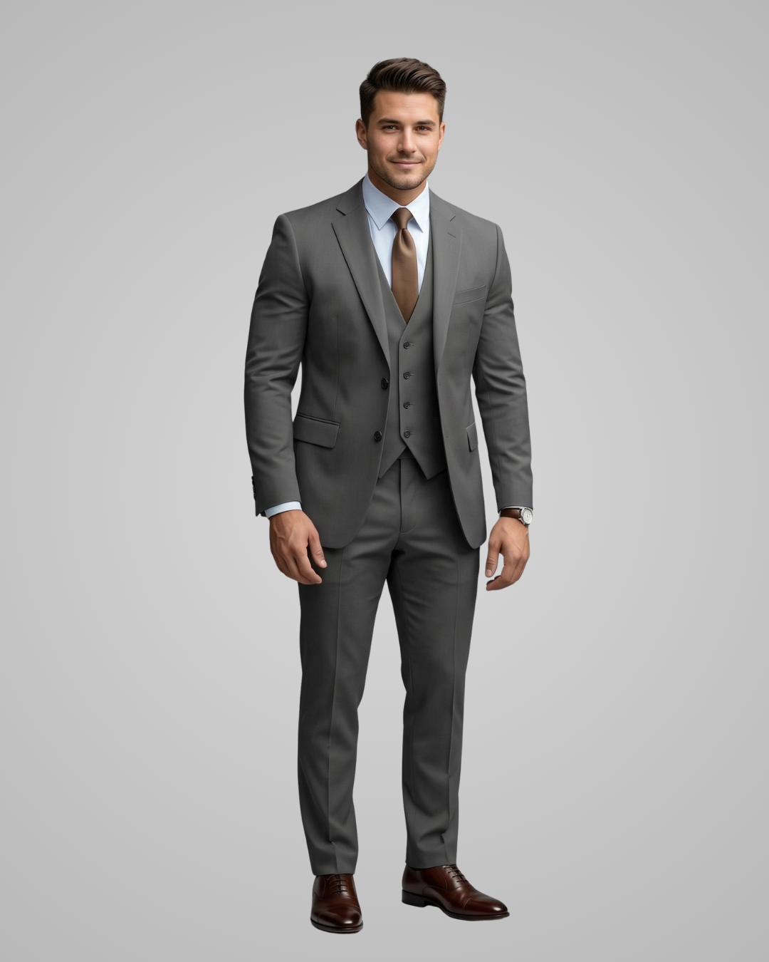 Man wearing a gray suit with a white shirt and brown tie on a gray background