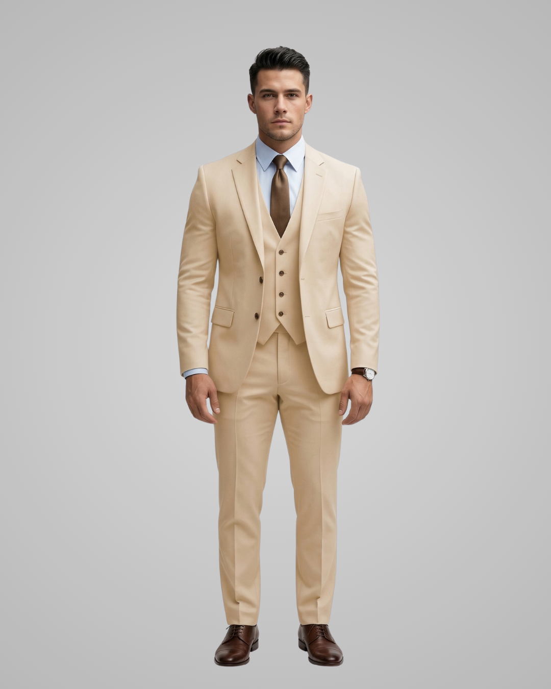 Man wearing a beige suit with a brown tie on a gray background