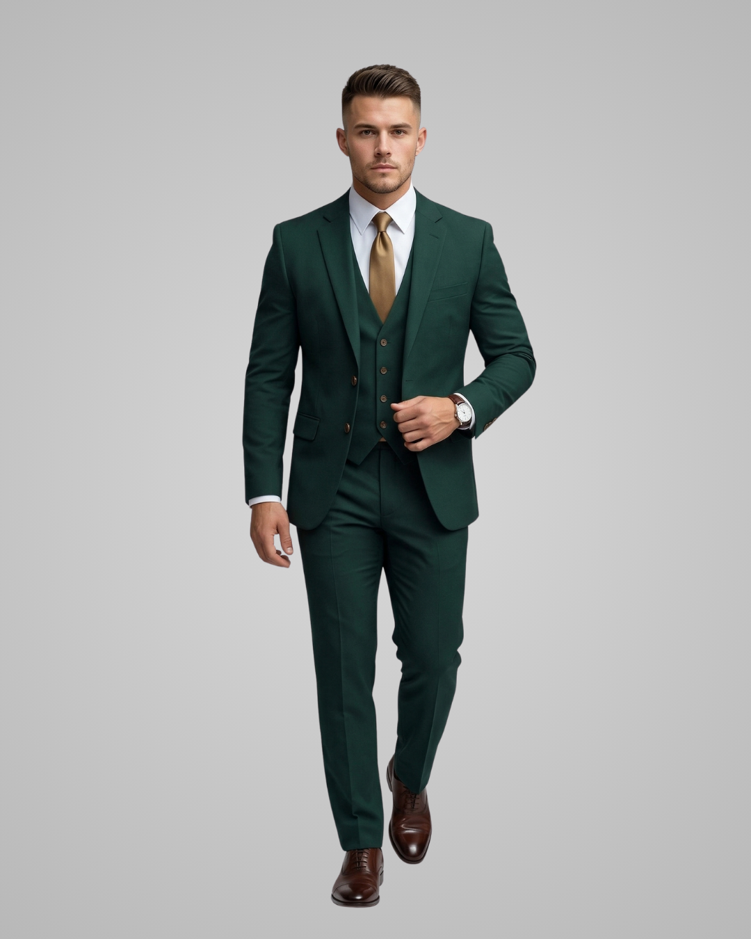 Man wearing a green suit with a white shirt and brown tie on a gray background