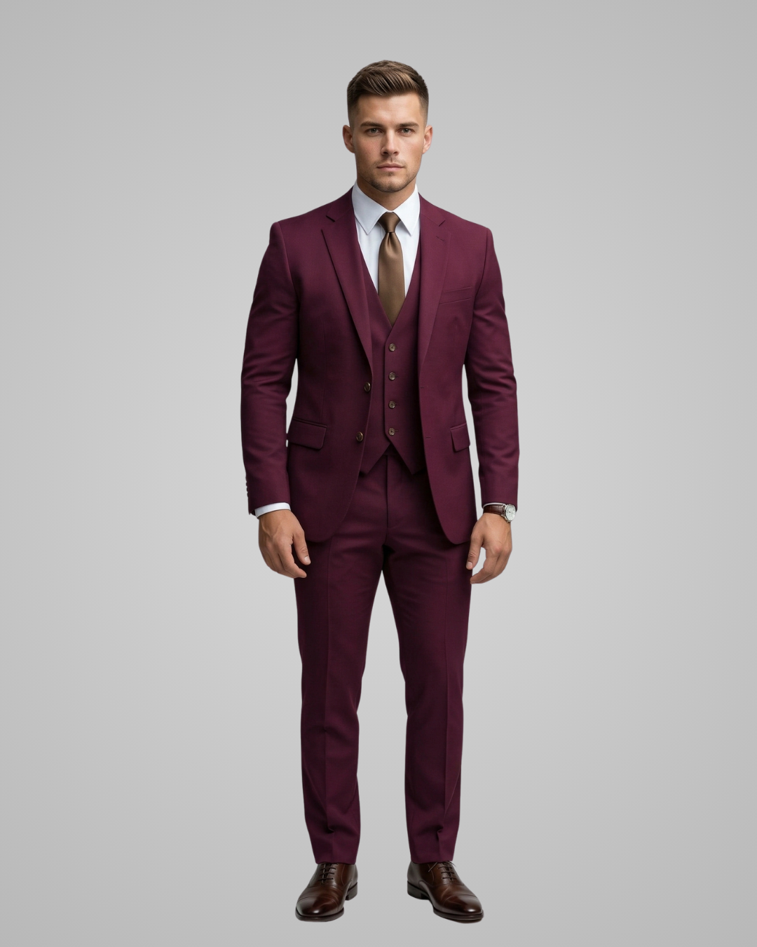 Man wearing a burgundy suit with a white shirt and brown tie on a gray background
