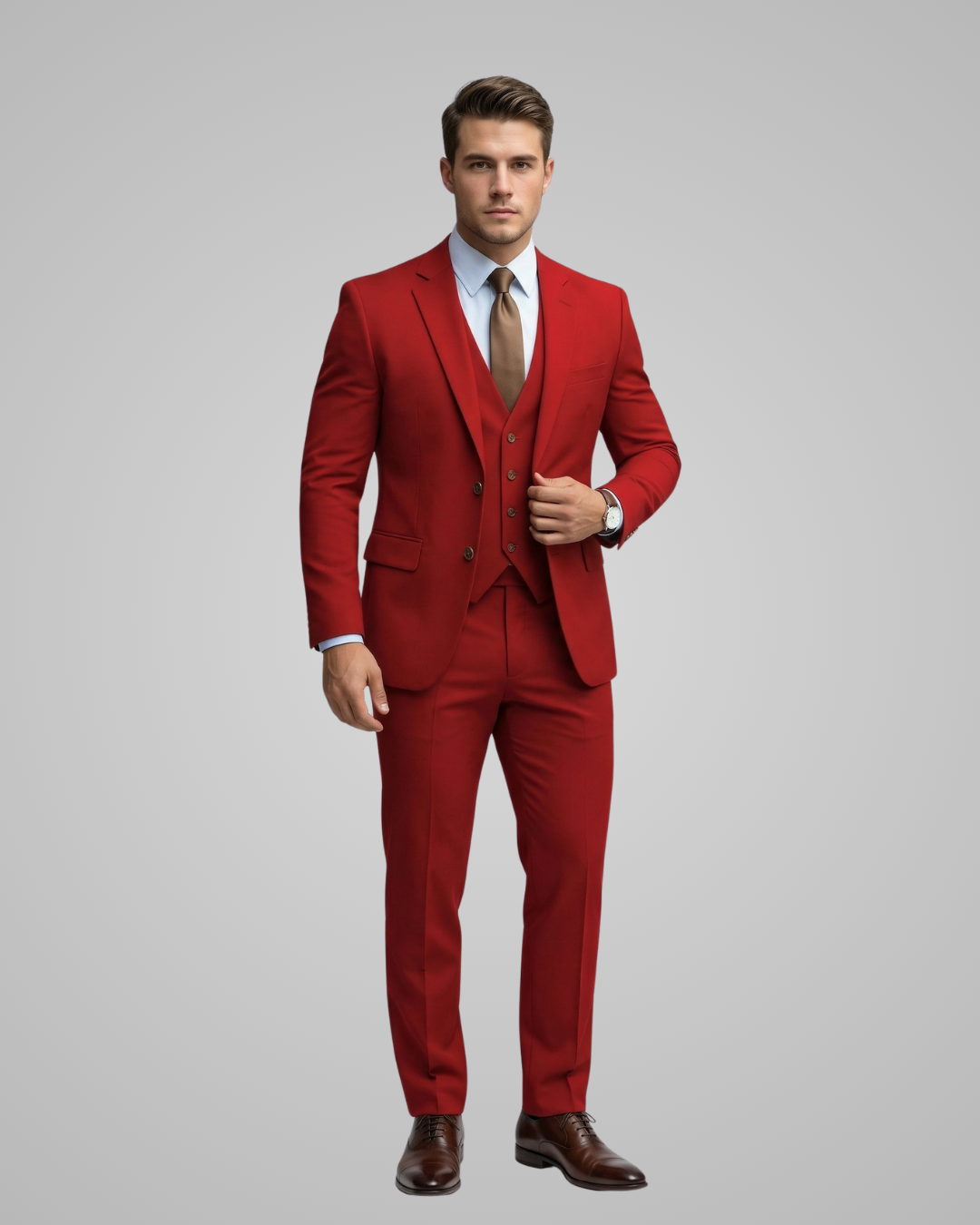 Man wearing a red suit with a white shirt and brown tie on a gray background